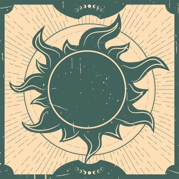 Celestial background with a sun. Spiritual chart, magic board. Vintage retro style, grunge texture. illustration vector
