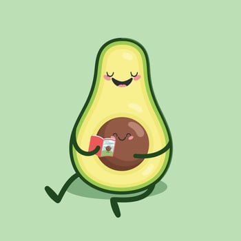 Cute cartoon character Avocado reading a book to the baby seed. Flat style. illustration vector