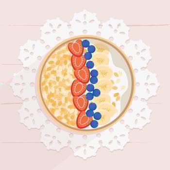 Oatmeal in a bowl on wooden table decorated with napkin. Oat flakes with banana, strawberries and blueberries. Porridge oats, top view. Healthy natural breakfast. illustration vector