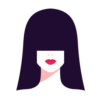 Abstract faceless woman portrait. Brunette female with long bangs covering her eyes. Red lips. Full face portrait. illustration vector