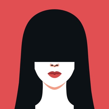 Abstract faceless woman portrait. Brunette female with long bangs covering her eyes. Red lips. Full face portrait on red background. illustration vector