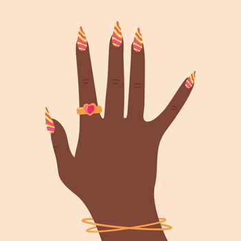 Woman hand with neon zebra pattern nail design. Bright colorful manicure design. illustration vector