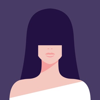 Abstract woman portrait. Brunette female with long bangs hair covering her eyes. illustration vector