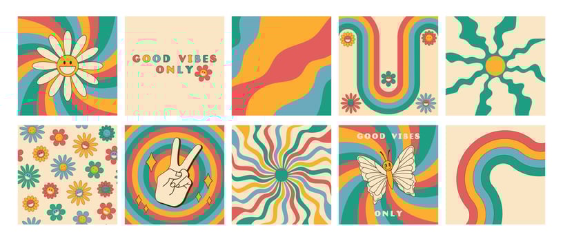 Set of groovy retro style cards in rainbow color. Good vibes only slogan, daisy flowers seamless pattern, butterfly, sunburst, twisted waves and peace sign vector