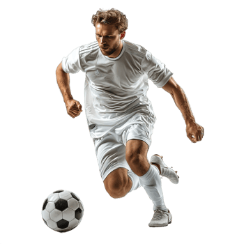 football player dribbling the ball isolated on transparent background ,soccer player kicking ball , png