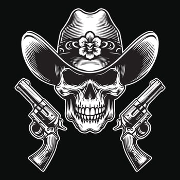 Dark Art Cowboy Skull Head with Double Gun and Hat Black and White Illustration vector