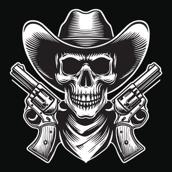 Dark Art Cowboy Skull Head with Double Gun and Hat Black and White Illustration vector
