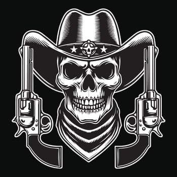 Dark Art Cowboy Skull Head with Double Gun and Hat Black and White Illustration vector