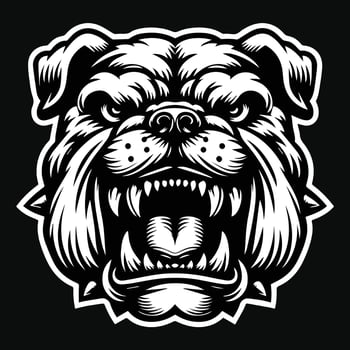 Dark Art Vicious Angry Beast Bulldog Head with Sharp Teeth Black and White Illustration vector