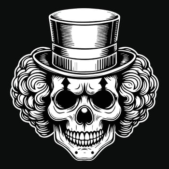 Dark Art Creepy Angry Clown Skull Head with Hat Black and White Illustration vector