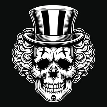 Dark Art Creepy Angry Clown Skull Head with Hat Black and White Illustration vector