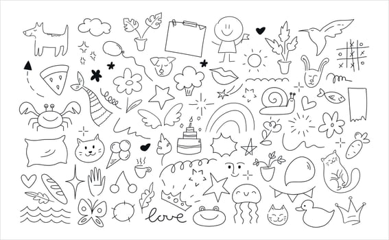 Childish doodle outline elements collection. Hand drawn animals, plants and objects in scribble style. illustration vector