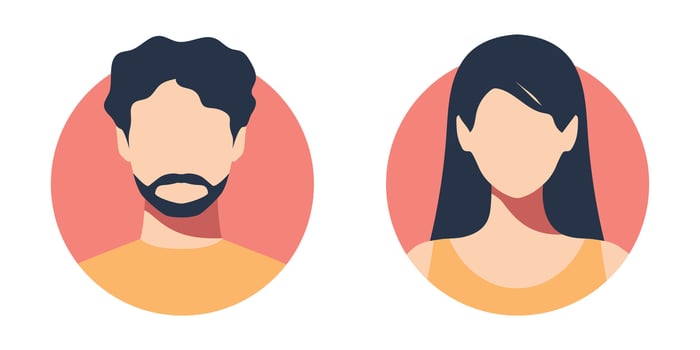 Abstract female and male faceless portraits, avatars or anonymous profiles. Woman and man face icons. illustration vector