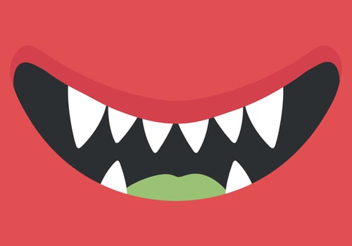 Cartoon smiling red monster mouth with fangs. Monsters teeth. illustration vector