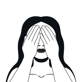 Portrait of a young female covering her eyes with hands to avoid seeing things. Hand drawn illustration vector