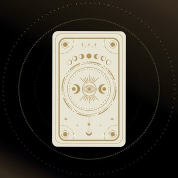 Gold and white Tarot card with a magical eye, moon and crescent decorated with geometric shapes. Tarot symbolism. Mystery, astrology, esoteric. illustration vector