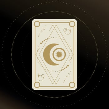 Gold and white Tarot card with a crescent and star decorated with geometric shapes. Tarot symbolism. Mystery, astrology, esoteric. illustration vector