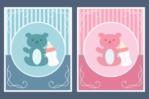 Template cards with teddy bear and bottle for boy and girl. For baby shower or greeting card. illustration vector