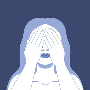 Portrait of a young woman covering her eyes with hands to avoid seeing things. Hand drawn illustration vector
