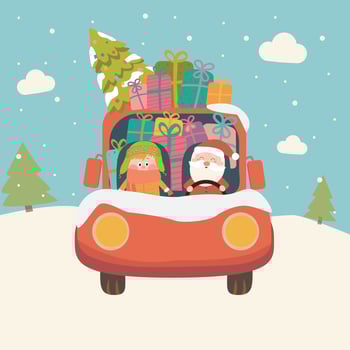 Cartoon Santa Claus rides in a car with gifts vector