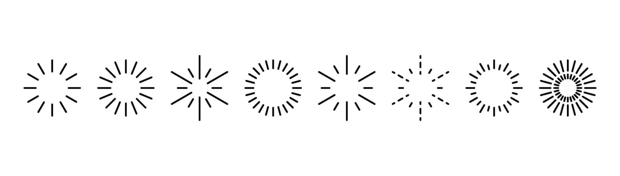 Firework explosion, stars outline template. Sunburst set isolated vector