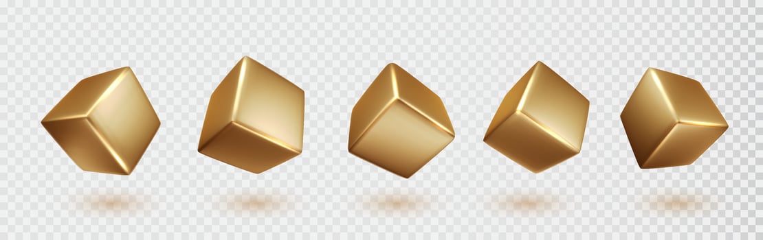 Gold cube shapes set isolated on white background. Golden glossy realistic primitives . Abstract decorative figure for trendy design. vector