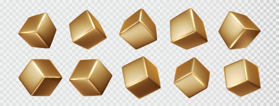 Cube gold metal collection. Realistic geometric square shapes. Golden 3d design elements isolated vector