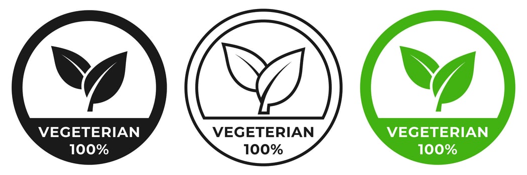 Vegetarian icon. Vegetarian 100 illustration sign. Vegan logo, badge, symbol, stamp, logo, logotype, sticker, emblem, mark or seal. vector