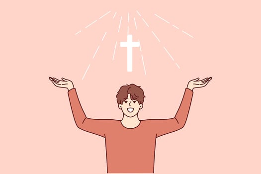 Man with christian cross above head rejoices at light coming from heaven and calls to pray vector