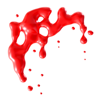 Vivid red blood splash on transparent background, perfect as dramatic and eerie Halloween design element. Cut out of red dripping liquid, fluid. 3D render. png