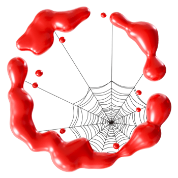 Vivid red blood splashes and spider with a web, on transparent background, dramatic and eerie Halloween design element. Cut out of red liquid, fluid. 3D render. png