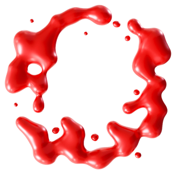 Vivid red blood splashes on transparent background, dramatic and eerie Halloween design element. Circle, round frame, border with copy space in the middle. Cut out of red liquid, fluid. 3D. png