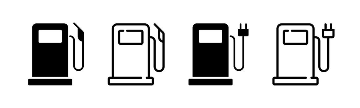 Gas pump and electric charge station icons. Gasoline station symbol. Fuel, oil, pump, tank, diesel signs. Nozzle silhouette. Car and automobile refuel service illustration. vector