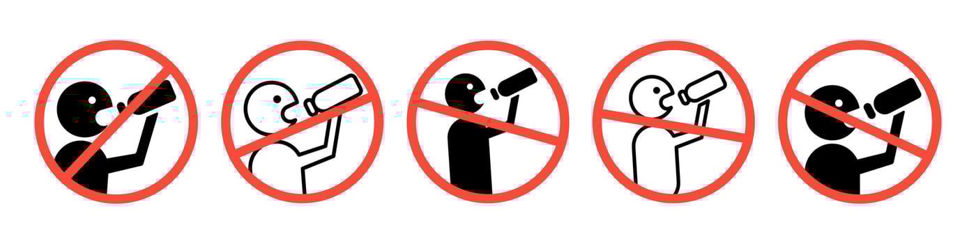 Don't drink icon set. No alcohol signs. Drunk men not allowed ban symbol. Do not swallow warning sign. No drinking zone stop icon. vector