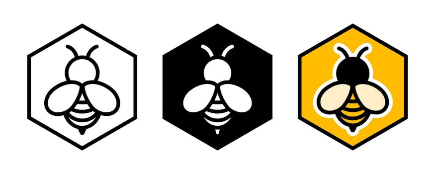 Bee at the honeycomb illustration. Bee icon. Honey symbol. Honeycomb sign. Hexagon hive logo. Apiculture beehive sign. Bumblebee pictogram. vector
