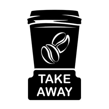 Take away coffee cup sign. Hot drink to go cafes advertising banner. Coffee cup illustration with take away lettering emblem. vector