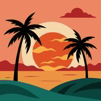 Summer sunset tropical beach line art illustration, hand drawn sunset and sunrise outline landscape tropical beach, palm tree with sunset waves Nature vector