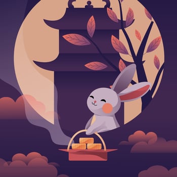 A little rabbit in the moon pulling out a basket of mooncakes, an illustration celebrating the Mid-Autumn Festival vector