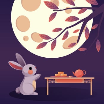 An illustration celebrating the Mid-Autumn Festival, with a little rabbit praying to the moon, and mooncakes and tea on the table vector