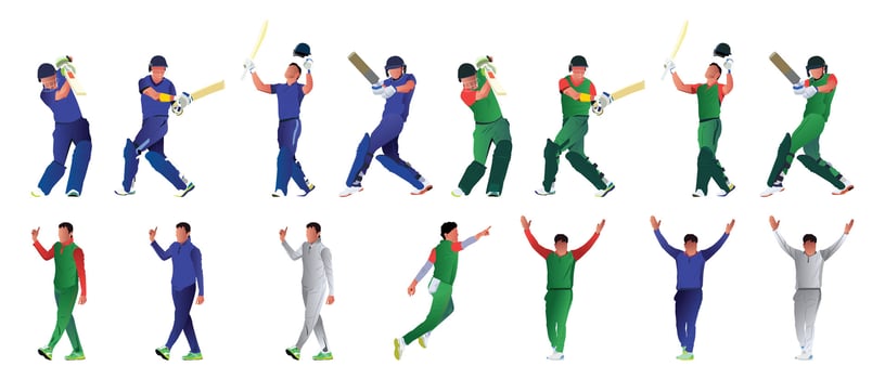 Set of batsman and baller playing cricket on the field in a colorful background illustration vector