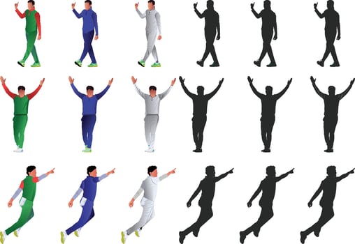 a cricket player in different poses and silhouette vector