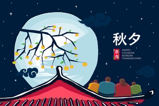 Korea Chuseok holiday print. Korean Hangawi Thanksgiving Day celebration. Asian mid autumn harvest festival. Happy family sitting on hanok rooftop. Persimmon tree on full moon. Translation Chuseok vector