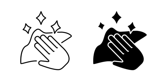 Wipe icon. Hand with napkin wiping a surface pictogram. Housekeeping symbol. Easy to clean illustration. Housework sign. Cleaning service logo. Wet towel icon. vector