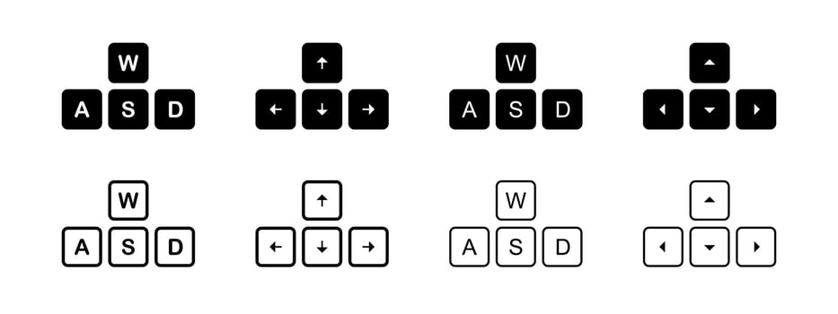 WASD icon. Keyboard illustration. Arrow button controller symbol. Computer game pictogram. Control key input interface. WASD simple black concept. vector
