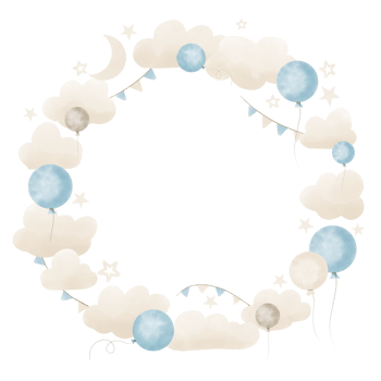Baby round Frame with Clouds and Balloons in pastel blue and bei png