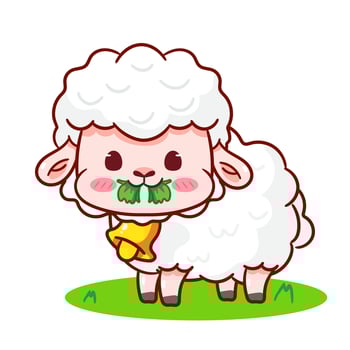 Cute Sheep Eating Grass Cartoon Character. Adorable and Kawaii Animal Illustration. Isolated White Background. Icon Mascot Concept Design. vector
