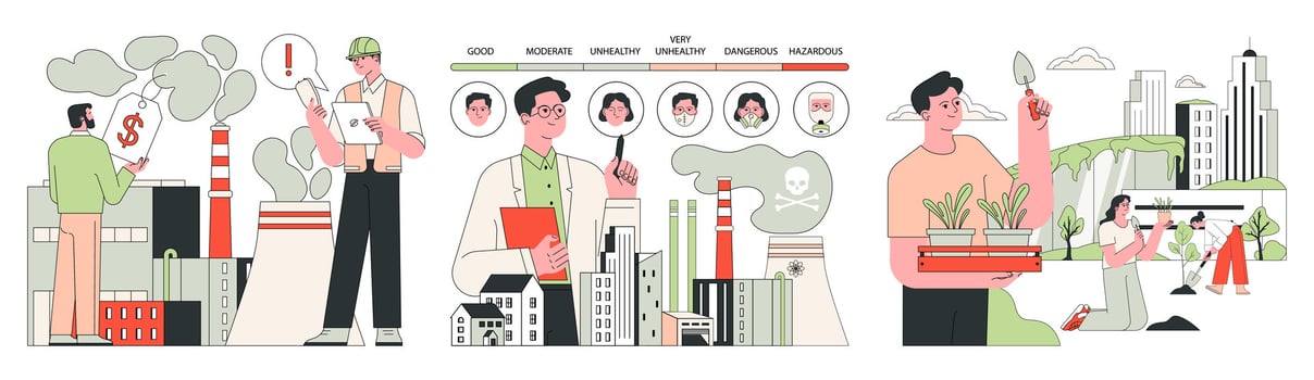 Air quality awareness set. Air quality index and pollution monitoring. Air purifiers vector