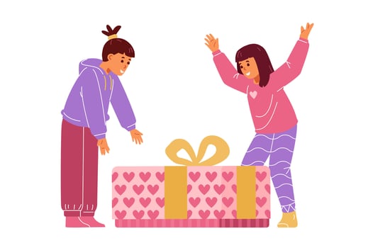 Two happy girls receiving big present flat illustration. Little sisters opening gift box. vector