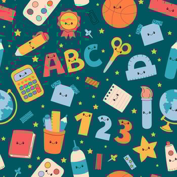 Elementary school seamless pattern. background with cute educational characters, elements. School supplies, accessories, tools. Funny office stationery repeating illustration. vector