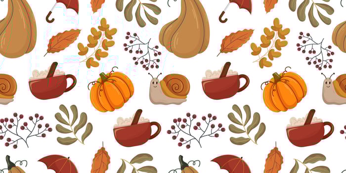Seamless autumn pattern, cozy elements such as orange pumpkins, cinnamon spiced hot beverages in red mugs, fall leaves, berries, and a cute snail. Warm seasonal motif for textiles and decorations. vector